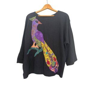 Alfredos Wife Peacock Studded Patch Applique Tunic Wide Sleeve Blouse Top OSFM